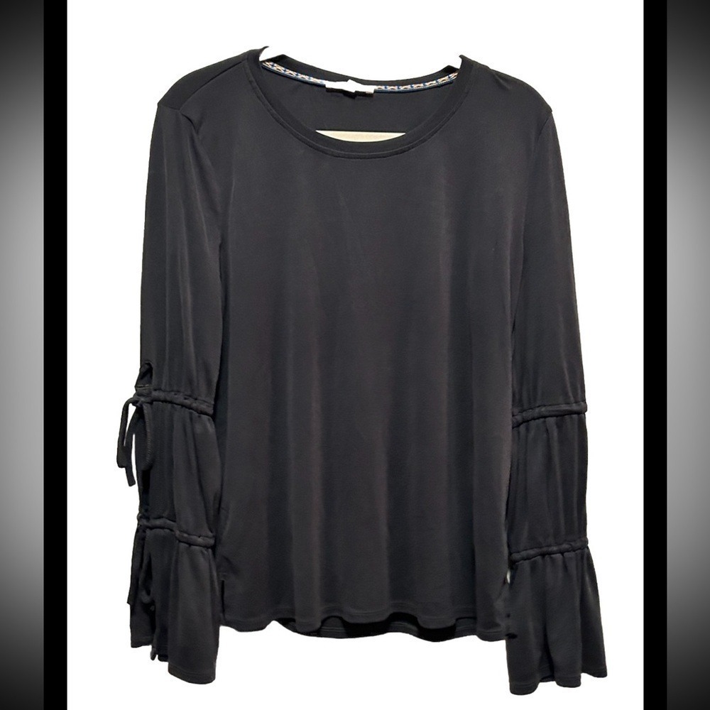 Skies Are Blue Top Womens M Gray Tie Bell Sleeve Boho Peasant Blouse whimsigoth